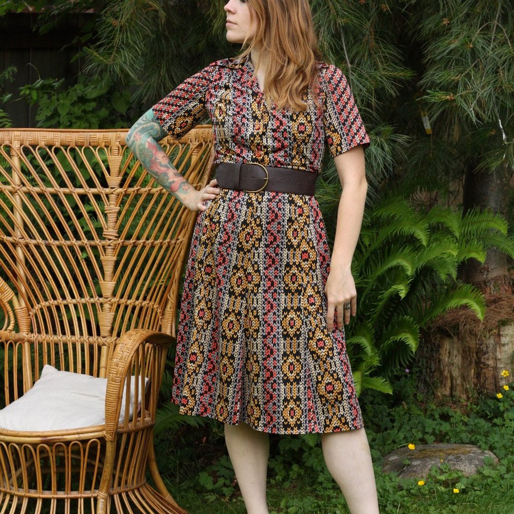 70's Handmade Geometric Snakeskin Patterned Collared Shirt Dress